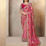 Stunning Pink Shaded Jacquard Silk Saree with Multi-Stone Hand Embroidery with Matching Satin Silk Blouse - Buy