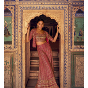 Stunning Red Georgette Embroidered Palazzo Outfit Zarkan Work with Blouse & Long Jacket - Buy