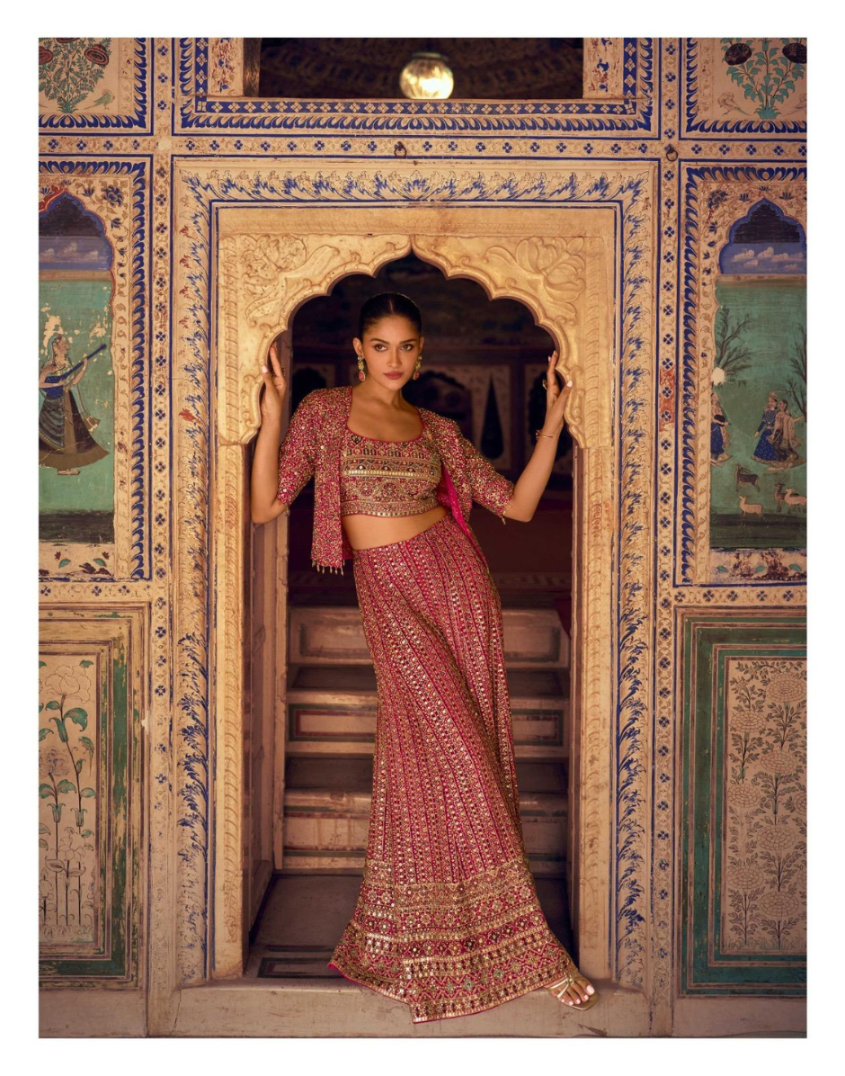 Stunning Red Georgette Embroidered Palazzo Outfit Zarkan Work with Blouse & Long Jacket - Buy