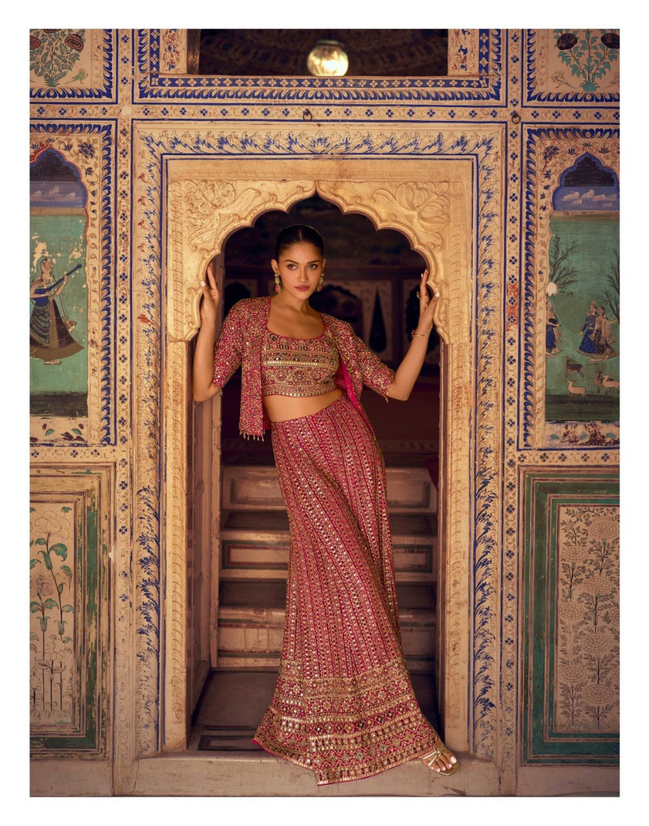 Stunning Red Georgette Embroidered Palazzo Outfit Zarkan Work with Blouse & Long Jacket - Buy