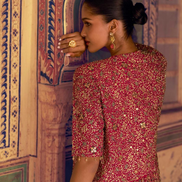 Stunning Red Georgette Embroidered Palazzo Outfit Zarkan Work with Blouse & Long Jacket - Buy_1