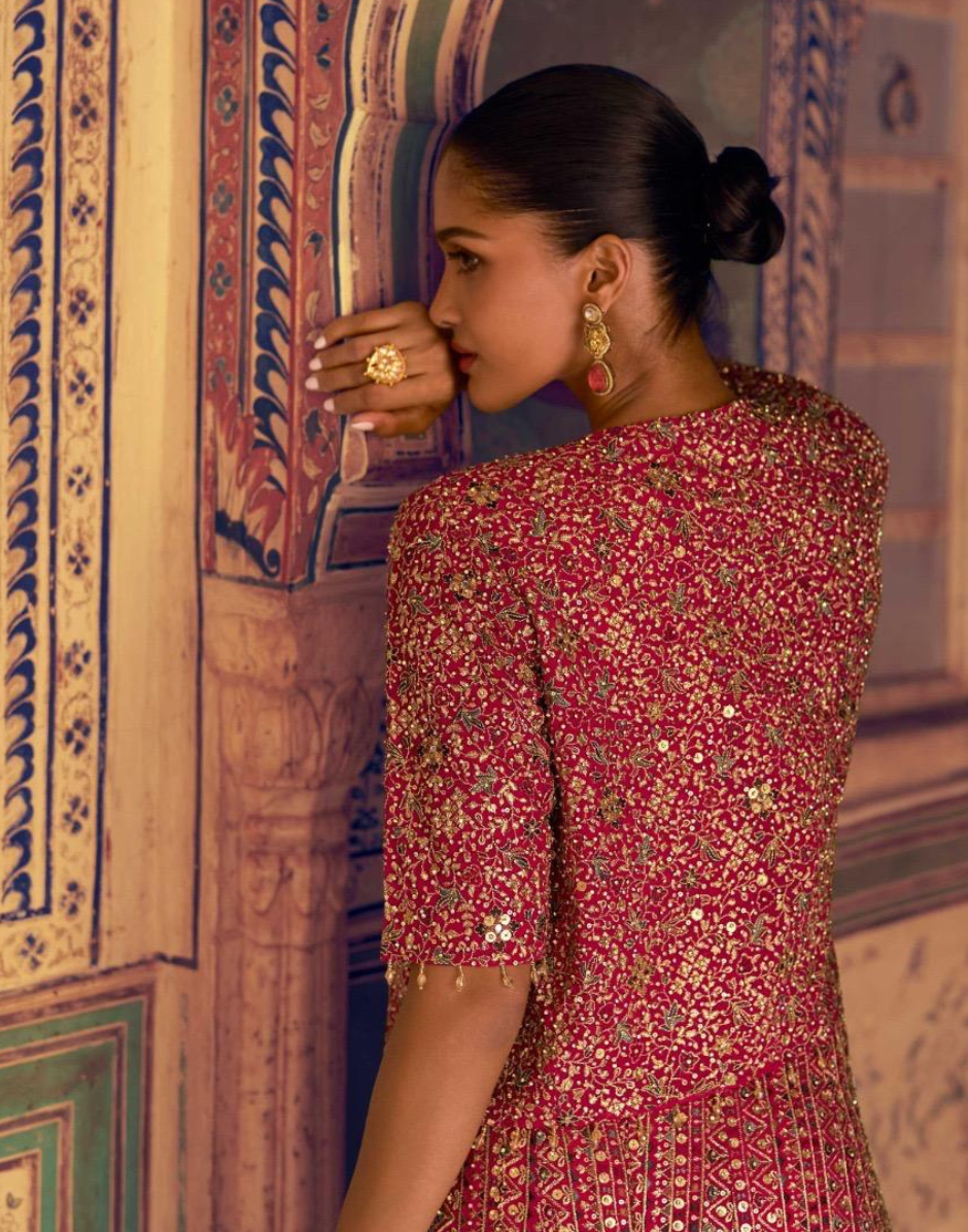 Stunning Red Georgette Embroidered Palazzo Outfit Zarkan Work with Blouse & Long Jacket - Buy_1