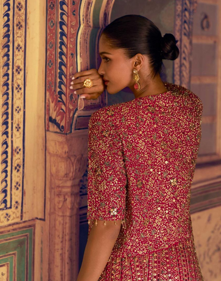 Stunning Red Georgette Embroidered Palazzo Outfit Zarkan Work with Blouse & Long Jacket - Buy_1