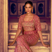 Stunning Red Georgette Embroidered Palazzo Outfit Zarkan Work with Blouse & Long Jacket - Buy_2