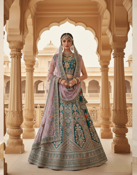Stunning Teal Velvet Lehenga for Bridesmaids & Brides Beaded Blouse & Net Dupatta - Buy