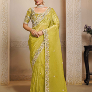 Stylish Lime Green Organza Satin Saree with Artistic Thread Embroidery & Stone Handwork with Satin Silk Blouse - Buy