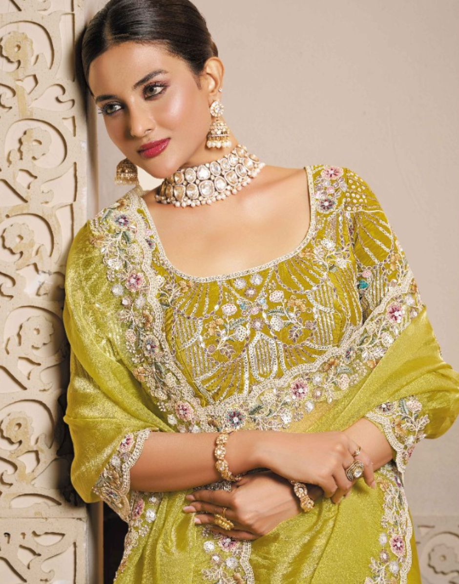 Stylish Lime Green Organza Satin Saree with Artistic Thread Embroidery & Stone Handwork with Satin Silk Blouse - Buy_1