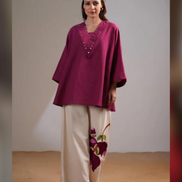 Stylish Maroon Cotton Co-ord Set Embroidered Yoke Top with Cream Palazzo Pants - Buy