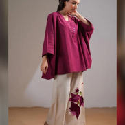 Stylish Maroon Cotton Co-ord Set Embroidered Yoke Top with Cream Palazzo Pants - Buy_1
