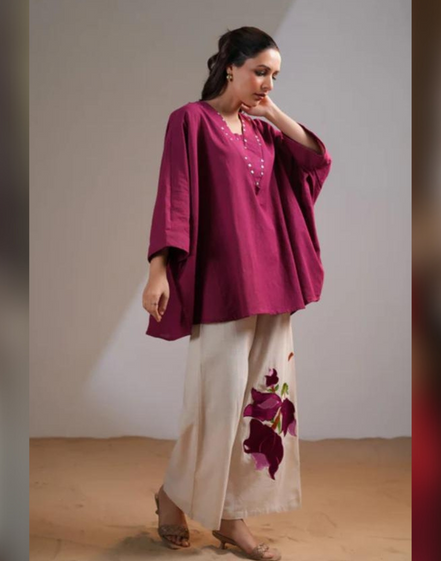 Stylish Maroon Cotton Co-ord Set Embroidered Yoke Top with Cream Palazzo Pants - Buy_1
