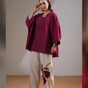 Stylish Maroon Cotton Co-ord Set Embroidered Yoke Top with Cream Palazzo Pants - Buy_2