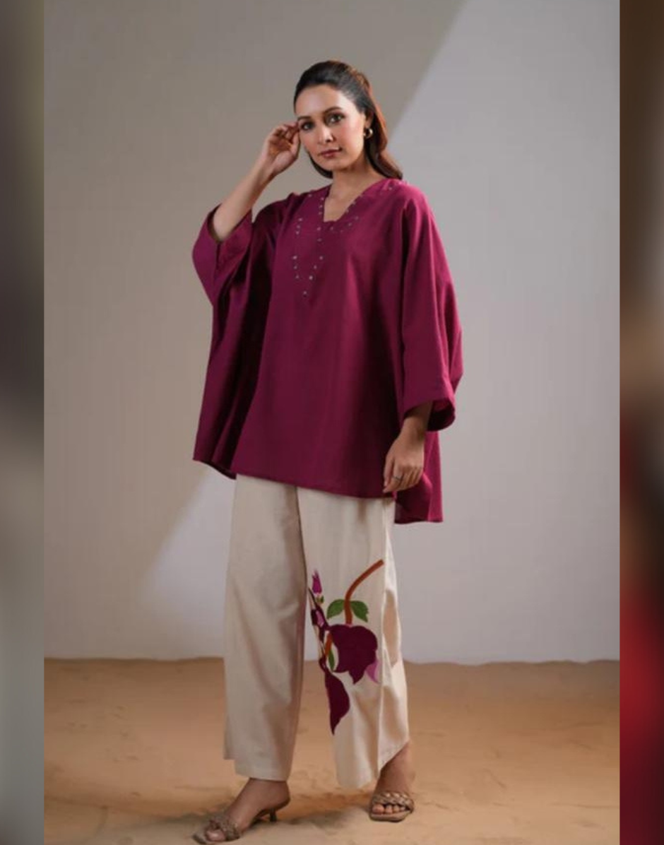 Stylish Maroon Cotton Co-ord Set Embroidered Yoke Top with Cream Palazzo Pants - Buy_2