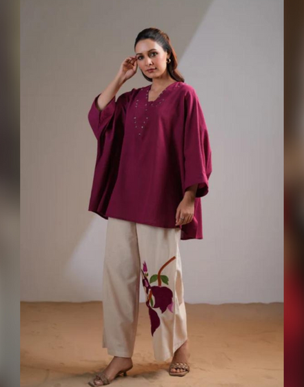 Stylish Maroon Cotton Co-ord Set Embroidered Yoke Top with Cream Palazzo Pants - Buy_2