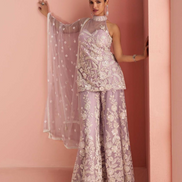 Stylish Mauve Ethnic Set Halter Neck Beaded Top with Heavily Embroidered Palazzo
