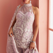 Stylish Mauve Ethnic Set Halter Neck Beaded Top with Heavily Embroidered Palazzo_1