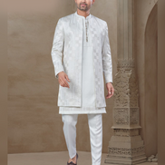 Stylish White Floral Ethnic Set for Men Jacquard Silk Kurta, Pants & Jacket
