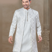 Stylish White Floral Ethnic Set for Men Jacquard Silk Kurta, Pants & Jacket_1