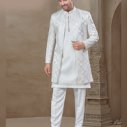 Stylish White Floral Ethnic Set for Men Jacquard Silk Kurta, Pants & Jacket_2