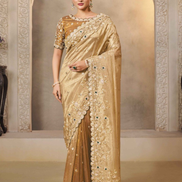 Traditional Kora Zari Tissue Silk Saree in Brown with Zardosi, Stones & Hand Embroidery Blouse - Buy