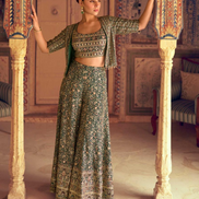 Traditional Mehendi Green Georgette Palazzo Set Seroski Work with Stylish Blouse & Jacket - Buy