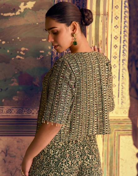 Traditional Mehendi Green Georgette Palazzo Set Seroski Work with Stylish Blouse & Jacket - Buy_1