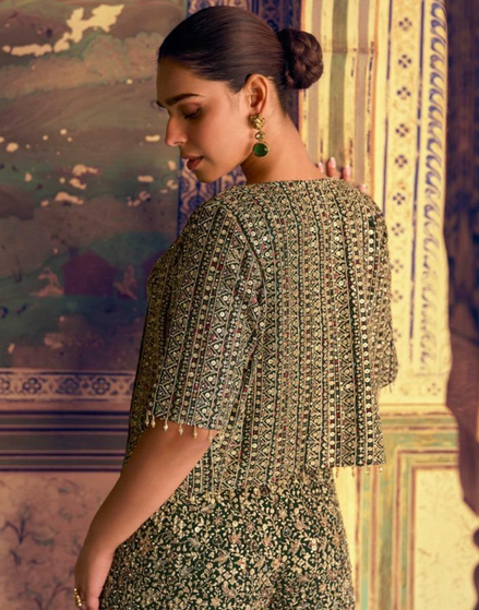 Traditional Mehendi Green Georgette Palazzo Set Seroski Work with Stylish Blouse & Jacket - Buy_1