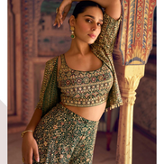 Traditional Mehendi Green Georgette Palazzo Set Seroski Work with Stylish Blouse & Jacket - Buy_2