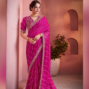 Traditional Pink Bandhani Leheriya Saree in Two-Tone Satin Silk Stone & Thread Work Blouse Included - Buy