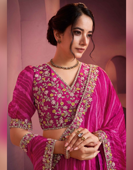 Traditional Pink Bandhani Leheriya Saree in Two-Tone Satin Silk Stone & Thread Work Blouse Included - Buy_1