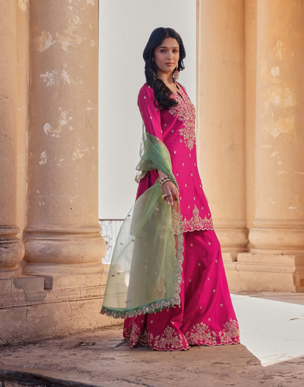 Traditional Pink Kurti Palazzo Set with Beautiful Sequin Embroidery and Dupatta