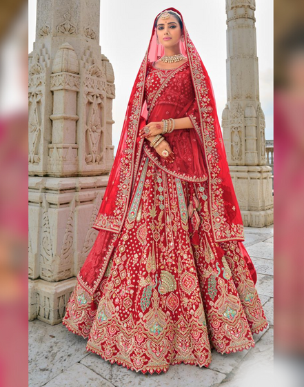 Traditional Red Bridal Silk Lehenga Set with Elaborate Heavy Work & Khatli Design - Buy