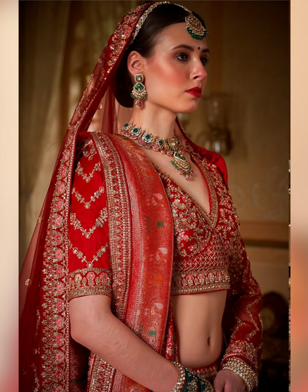 Traditional Red Bridal Silk Lehenga with Thread, Pearl, Sequin & Zari Work Complete Set with 2 Dupattas & Blouse - Buy_1