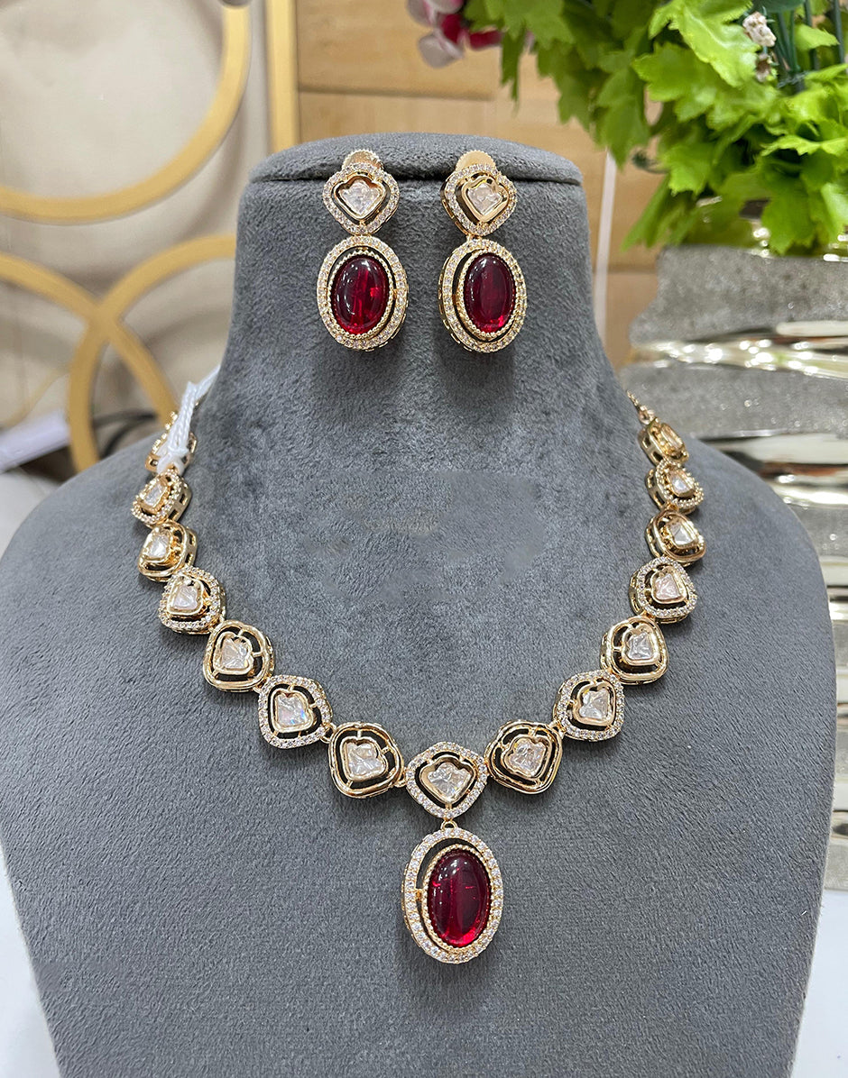 Traditional Red Kundan Jewelry Set Handcrafted Necklace with Matching Earrings