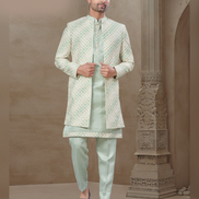 Traditional Yet Trendy Men’s Green Floral Jacquard Silk Kurta Pant Jacket Set