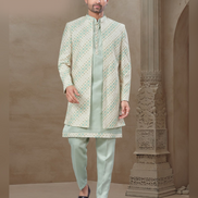Traditional Yet Trendy Men’s Green Floral Jacquard Silk Kurta Pant Jacket Set_1