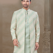Traditional Yet Trendy Men’s Green Floral Jacquard Silk Kurta Pant Jacket Set_2