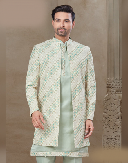 Traditional Yet Trendy Men’s Green Floral Jacquard Silk Kurta Pant Jacket Set_2