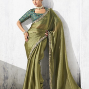 Traditional with a Twist Mehendi Green Embroidered Saree & Printed Blouse - Buy