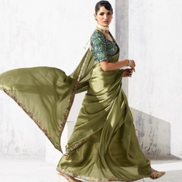 Traditional with a Twist Mehendi Green Embroidered Saree & Printed Blouse - Buy_1