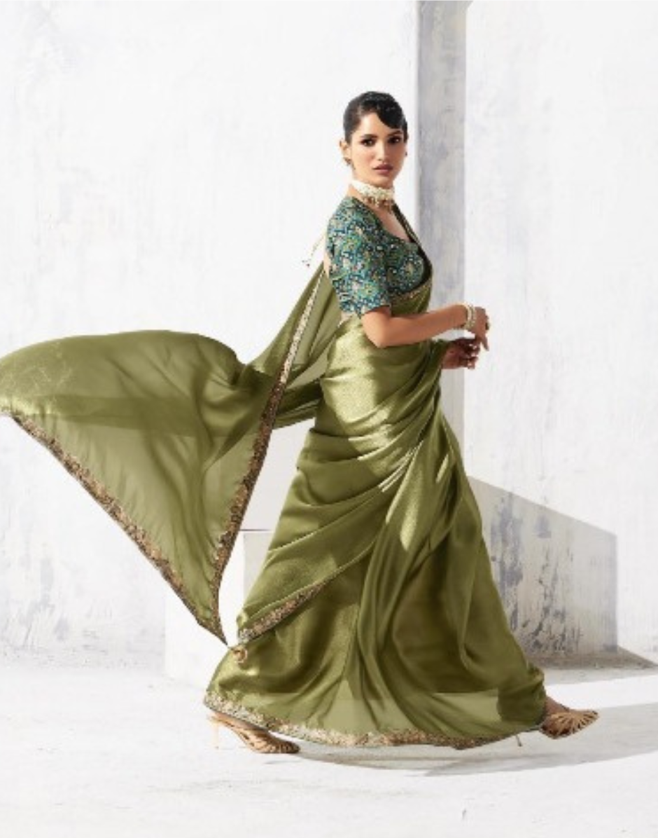 Traditional with a Twist Mehendi Green Embroidered Saree & Printed Blouse - Buy_1