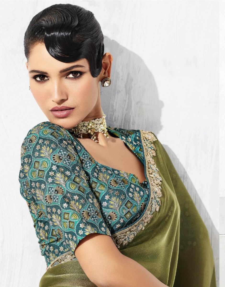 Traditional with a Twist Mehendi Green Embroidered Saree & Printed Blouse - Buy_2