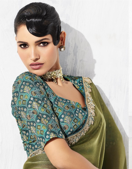 Traditional with a Twist Mehendi Green Embroidered Saree & Printed Blouse - Buy_2