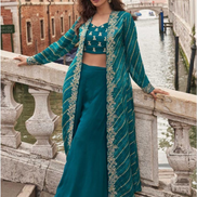 Trendy Festive Look in Green Chinon Jacquard Silk Front & Back Embroidered Shrug with Hand-Embellished Mirror Work Blouse & Palazzo - Buy