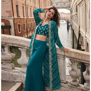 Trendy Festive Look in Green Chinon Jacquard Silk Front & Back Embroidered Shrug with Hand-Embellished Mirror Work Blouse & Palazzo - Buy_2
