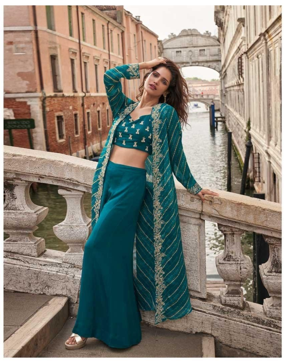Trendy Festive Look in Green Chinon Jacquard Silk Front & Back Embroidered Shrug with Hand-Embellished Mirror Work Blouse & Palazzo - Buy_2