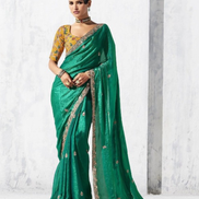 Vibrant Green Embroidered Saree with Contrast Printed Blouse Ethnic Chic - Buy