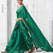 Vibrant Green Embroidered Saree with Contrast Printed Blouse Ethnic Chic - Buy_1