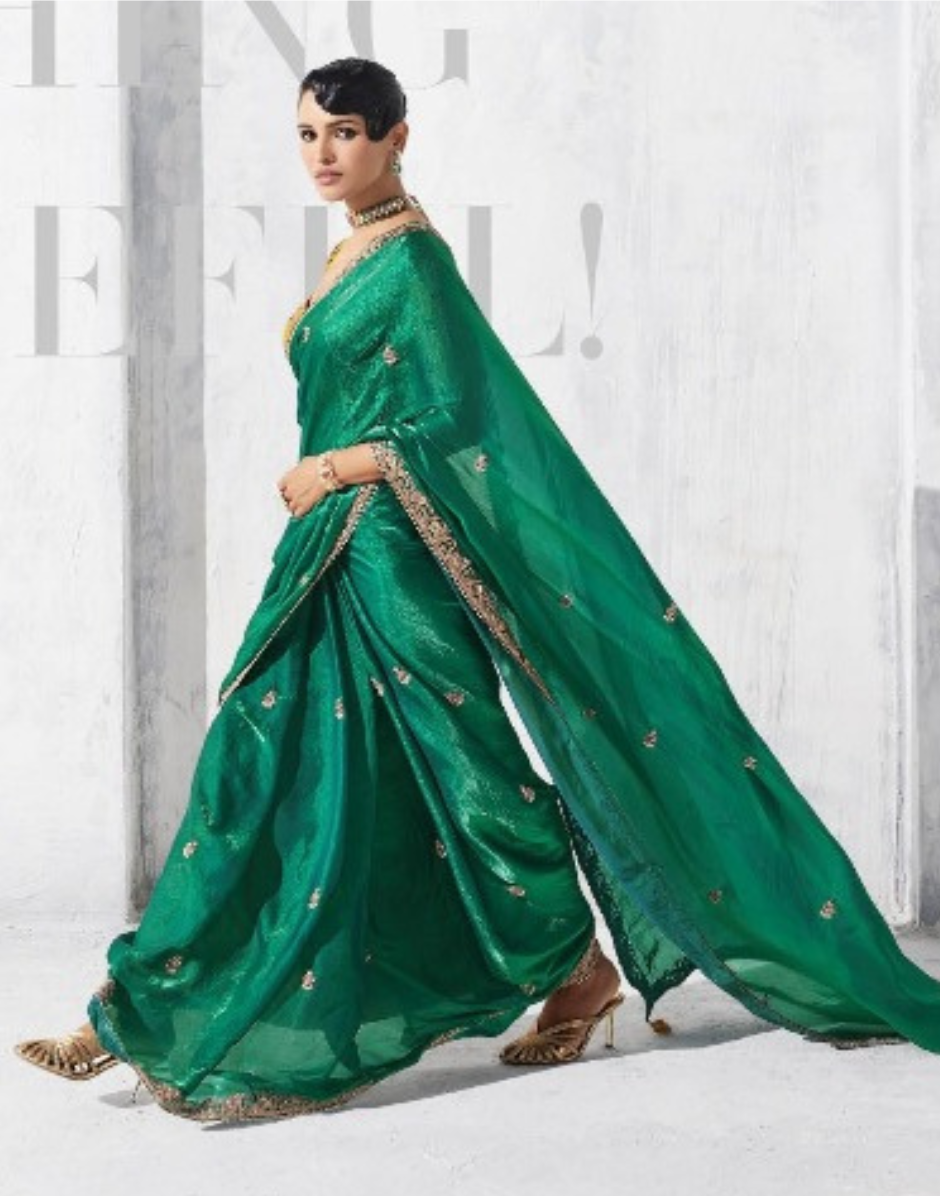 Vibrant Green Embroidered Saree with Contrast Printed Blouse Ethnic Chic - Buy_1