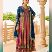 Vibrant Multicolor Chiffon Gown Style Kurti with Dupatta Handcrafted Elegance - Buy