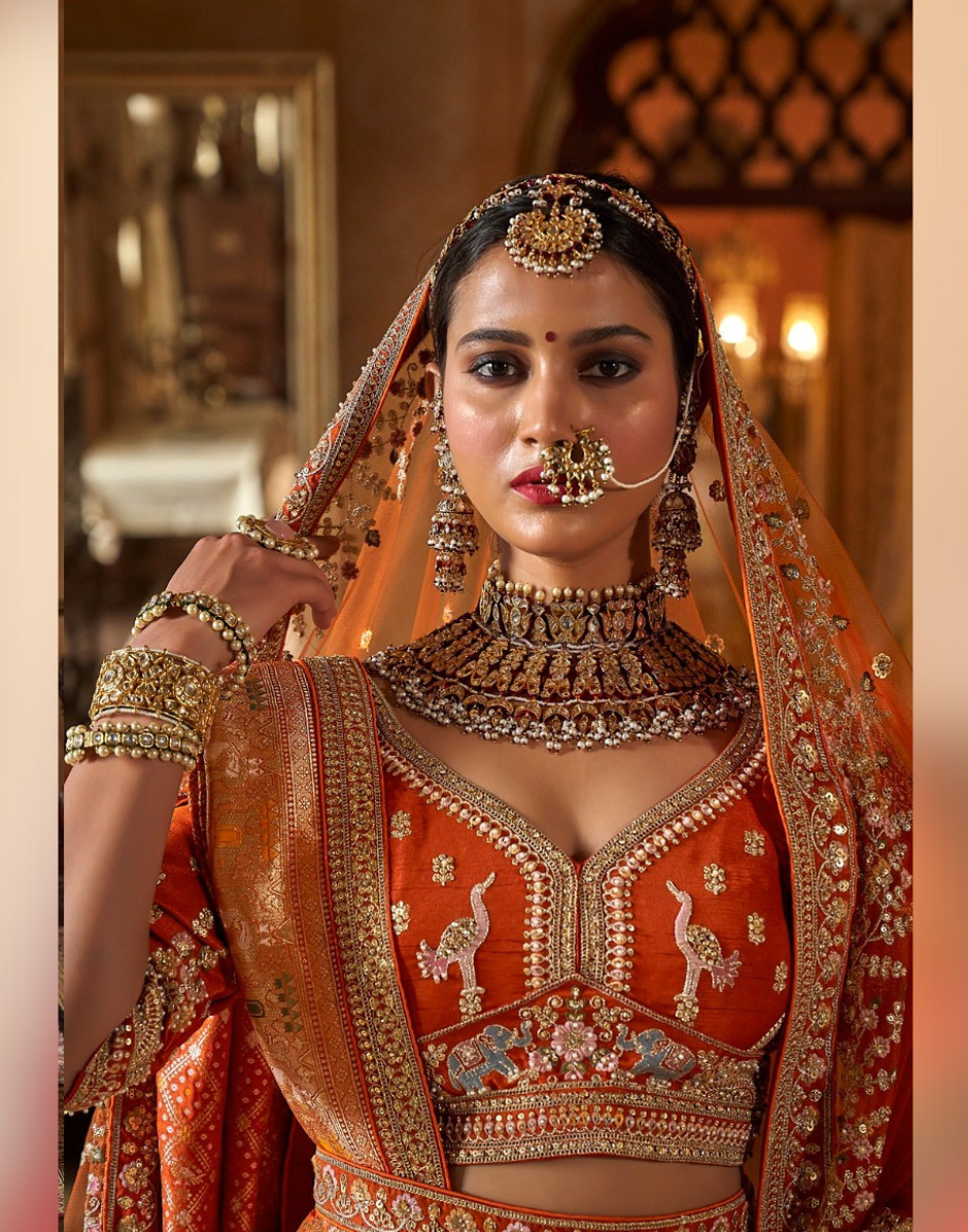 Vibrant Orange Bridal Silk Lehenga with Zari, Sequin, Pearl & Thread Embroidery Includes Blouse & Dual Dupatta Set - Buy_1